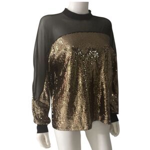 Nine West Black Gold Sequins Knit Sheer Mesh Long Sleeve Blouse Women’s Size S